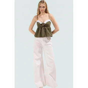 Rahat Kalıp Bluz %66 Polyester %34 Pamuk Kalp Yaka İnce Askılar Günlük Kullanım