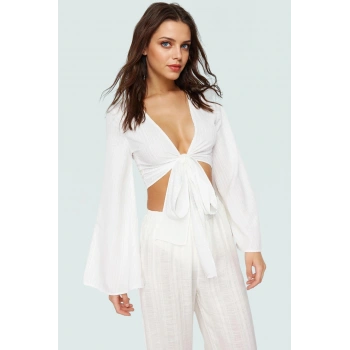 Rahat Kalıp Crop Bluz İspanyol Kol V Yaka Dokuma Kumaş Plaj Şıklığı Yüksek Kalite