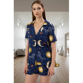 Rahat Kalıp Kısa Kollu Viskoz Pijama Takımı Bohem Galaksi Desen Yaz İçin Şık Görünüm