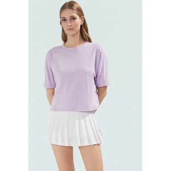 Rahat Kalıp Örme Bluz Scuba Kumaş Bisiklet Yaka Kısa Kollu Crop Model Uzun Ömürlü