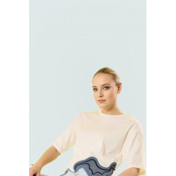 Rahat Kalıp Pamuklu Crop Bluz Renk Kısa Kol Bisiklet Yaka Bloklu Şık Görünüm