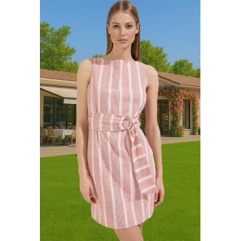 Rahat Kemerli Çizgili Mini Elbise Keten Dokulu Nefes Alabilir Yazlık Rahat Kullanım Rahat Ve Şık