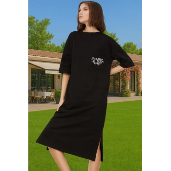 Rahat Kesim Bisiklet Yaka Nakışlı Midi Örme Elbise Dayanıklı Malzeme Trend Tasarım Rahat Kullanım