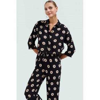 Rahat Kesim Tropikal Desenli Viskoz Plaj Takımı Gömlek ve Pantolon Modern Stil Profesyonel Görünüm