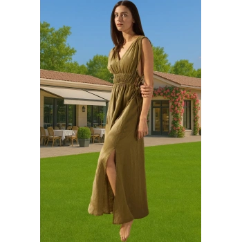 Rahat Keten Maxi Elbise Büzgü Detaylı Yazlık Plaj Giysisi Modern Stil Trend Tasarım