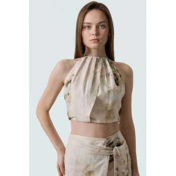 Rahat Kolsuz Bluz Keten Görünümlü Dokuma 100% Polyester Yazlık Crop Profesyonel Görünüm