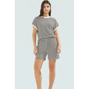 Rahat Örme Alt Üst Takım; Polyester Viskoz Elastan; Çizgili Desen; Kısa Boy Premium Kalite