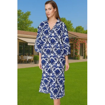 Rahat Pamuk Vual Midi Elbise Geniş Kalıp Balon Kol Plaj Şıklığı Rahat Kullanım Yüksek Kalite