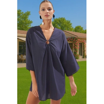 Rahat Pamuklu Aksesuarlı Shift Keten Görünümlü Midi Yazlık Elbise Modern Stil Mükemmel Uyum