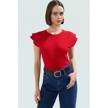 Rahat Pamuklu Bluz Bisiklet Yaka Fitted Kalıp Kısa Kollu Yüksek Kalite Kullanım
