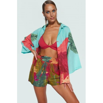 Rahat Pamuklu Manzara Desenli Gömlek Şort Takım Yazın Keyfini Çıkarın! Mükemmel Uyum Ve Şık