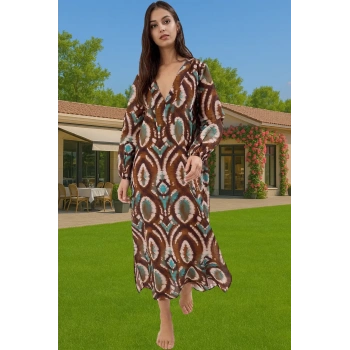 Rahat Pamuklu Maxi Elbise Etnik Desenli Balon Kol Günlük Şık Şık Görünüm Seçkin Malzeme Modern Stil