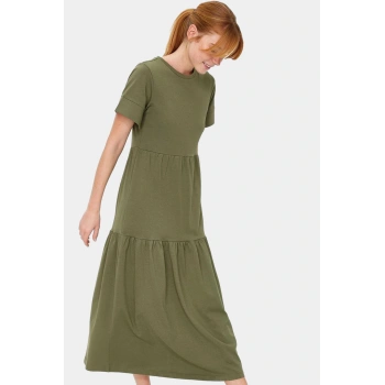 Rahat Pamuklu Maxi Elbise Yazlık A line Bisiklet Yaka Kısa Kollu Tasarım Modern Stil Uzun Ömürlü