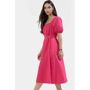 Rahat Pamuklu Midi Elbise Kare Yaka Skater Kesim Terrycotton Kumaş Nefes Alabilir Kaliteli İşçilik