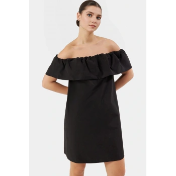 Rahat Pamuklu Mini Elbise Geniş Kesim Carmen Yaka Yazlık Ve Şık Özel Tasarım