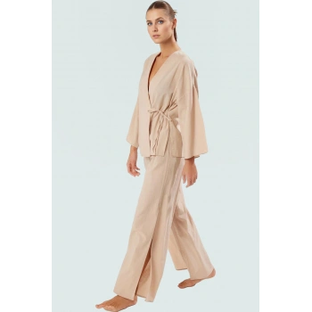 Rahat Pamuklu Plaj Takımı Gömlek ve Pantolon Keten Karışımlı Dokuma Yüksek Kalite