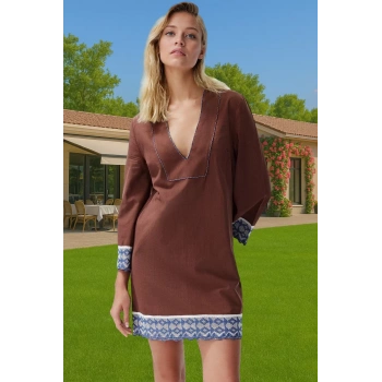 Rahat Pamuklu Yazlık Plaj Elbisesi Uzun Kollu V Yaka Midi Kaliteli İşçilik Rahat Kullanım