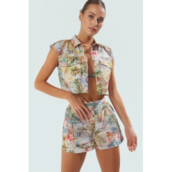 Rahat Plaj Şort Takım Yazlık Çok Tropikal Desen Pamuk Kumaş Uzun Ömürlü