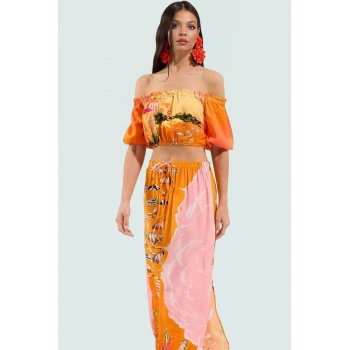 Rahat Plaj Takımı Manzara Desenli Kısa Kollu Viskoz Bluz ve Etek Özel Tasarım Mükemmel Uyum