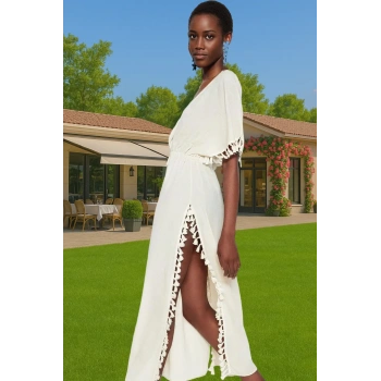 Rahat V Yaka Maxi Plaj Elbisesi Dokuma Crinkle Kumaş Premium Kalite Modern Stil Mükemmel Uyum