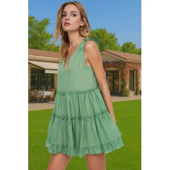 Rahat V Yaka Plaj Elbisesi %100 Pamuklu Mini Elbise Yazlık Konforlu Kesim Profesyonel Görünüm