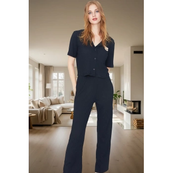 Rahat ve Şık Ayıcıklı Homewear Pijama Takımı Polyester Elastan Kumaş Dayanıklı Malzeme