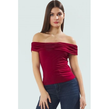 Rahat ve Şık Bluz Sandy Dokuma Polyester Elastan Karışımı Carmen Yaka Premium Kalite