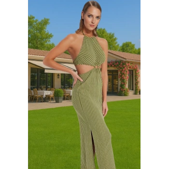 Rahat ve Şık Halter Yaka Maxi Elbise Polyester Karışımlı Yazlık Yüksek Kalite Premium Kalite