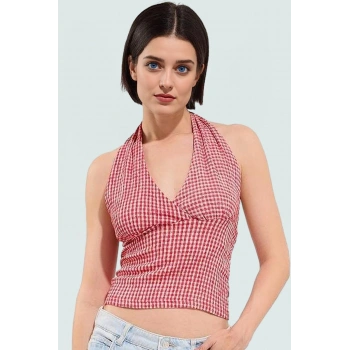 Rahat ve Şık Kareli Boyundan Bağlamalı Bluz Örme Kumaş Yazlık Görünüm Premium Kalite