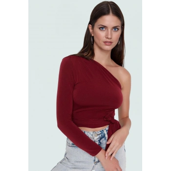 Rahat ve Şık Örme Crop Bluz Tek Kol Uzun Kollu Asimetrik Yaka Özenle Seçilmiş