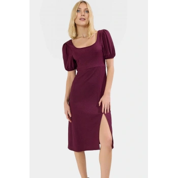 Rahat ve Şık Polyester Elbise Midi Boy Yırtmaç Detay Balon Kol Konforlu Kesim Premium Kalite