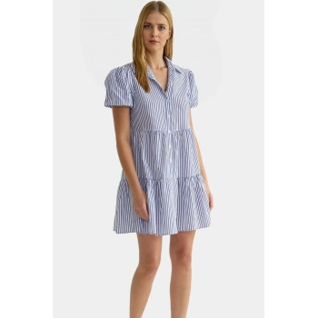 Rahat ve Şık Poplin Kumaş Mini Gömlek Elbise Kısa Kollu Çizgili Profesyonel Görünüm