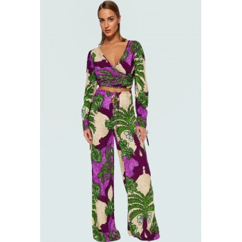 Rahat ve Şık Tropikal Desenli Viskoz Plaj Takımı Kısa Bluz Pantolon Kaliteli İşçilik