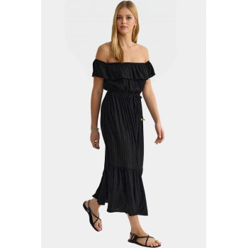 Rahat ve Şık Yazlık Maxi Elbise Omuzdan Düşük Kesim Çizgili Dokuma 130cm Boy Zarifane Tasarım