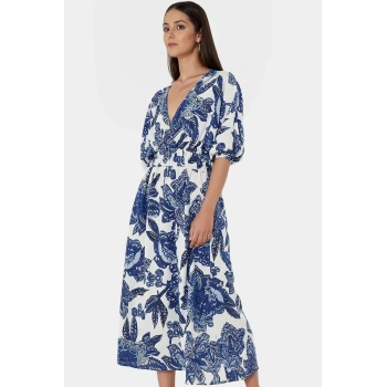 Rahat ve Şık Yazlık Midi Elbise Dokuma Kumaş Çiçek Desen V Yaka Yüksek Kalite