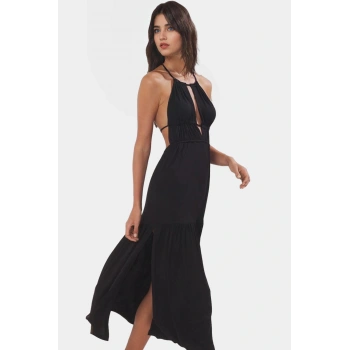 Rahat Viskoz Maxi Elbise Örme Kumaş Bisiklet Yaka Cut Out Detaylı Plaj Şıklığı Modern Stil