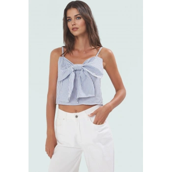 Rahat Yazlık Çizgili Crop Bluz Fiyonklu Dokuma Kumaş Uzun Ömürlü Yüksek Kalite Kaliteli İşçilik