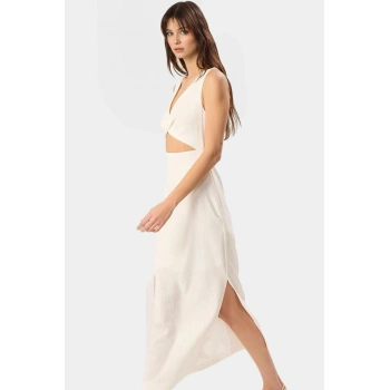 Rahat Yazlık Dokuma Elbise A Kesim Cut Out Detaylı Bisiklet Yaka Profesyonel Görünüm Modern Stil