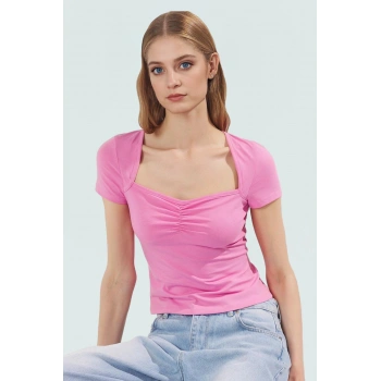 Regular Boy Likralı Penye Bluz Biyeli Detay Kalp Yaka Günlük Yüksek Kalite Uzun Ömürlü