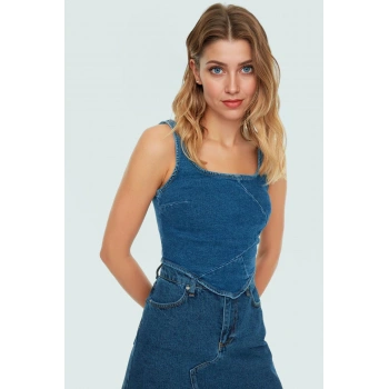 Regular Kalıp Denim Bluz Kare Yaka Kalın Askılı Pamuklu Mükemmel Uyum Modern Stil