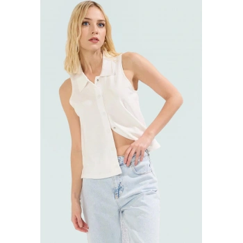 Regular Kalıp Kolsuz Bluz %96 Polyester %4 Elastan Polo Yaka Rahat Yazlık Zarifane Tasarım