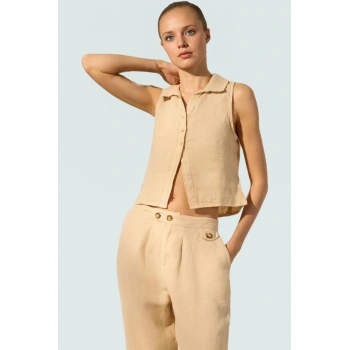 Regular Keten Bluz Dik Yaka Kolsuz Fitted Casual Tasarım Dayanıklı Malzeme Profesyonel Görünüm