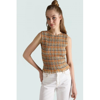 Regular Kolsuz Fitted Bluz Ekose Desenli Polyester Esnek Örme Kumaş Trend Tasarım Özenle Seçilmiş