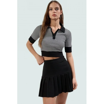 Rejenere Kaşkorse Crop Bluz Çizgili Polo Yaka Fitted Yazlık Konforlu Kesim Özenle Seçilmiş