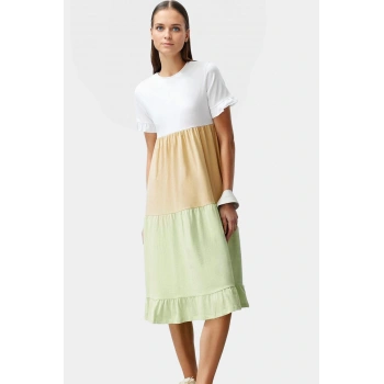 Renk Bloklu A Kesim Midi Elbise Pamuklu Örme Kumaş Günlük Stil Premium Kalite Trend Tasarım