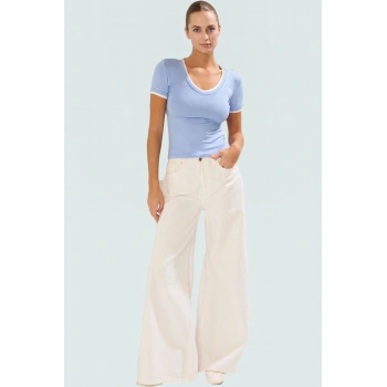 Renk Bloklu Pamuklu Bluz Rahat Fitted V Yaka Kısa Kollu Yazlık Ve Şık