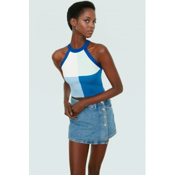 Renk Bloklu Triko Crop Bluz Halter Yaka Yazlık Polyester Günlük Konforlu Kesim Dayanıklı Malzeme