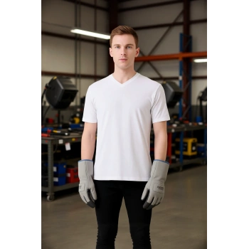 Erkek Beyaz V Yaka Kısa Kollu Pamuklu Hafif Düz Yazlık Nefes Alabilir Günlük Tshirt