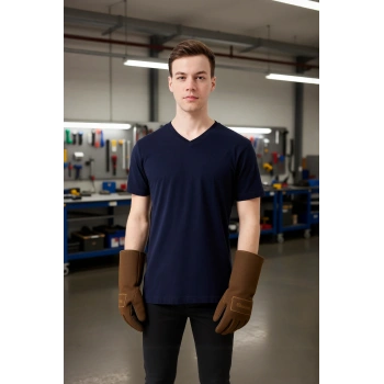 Erkek Lacivert V Yaka Kısa Kollu Nefes Alabilir Pamuklu Hafif Düz Yazlık Tshirt