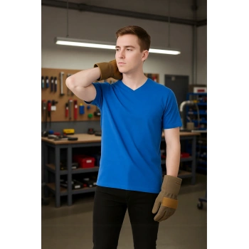 Erkek Sax Mavi V Yaka Kısa Kollu Pamuklu Hafif Nefes Alabilir Günlük Yazlık Tshirt